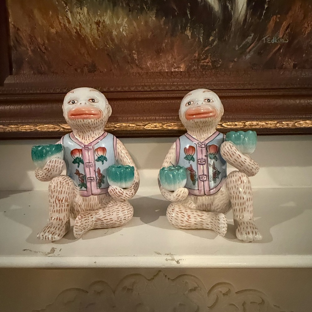 Ceramic Monkey Figurines with Floral Vests
